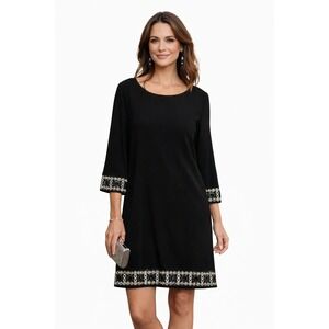 Tiana B Womens 10P Black Embellished Shift Dress 3/4 Sleeve Petite Beaded LBD